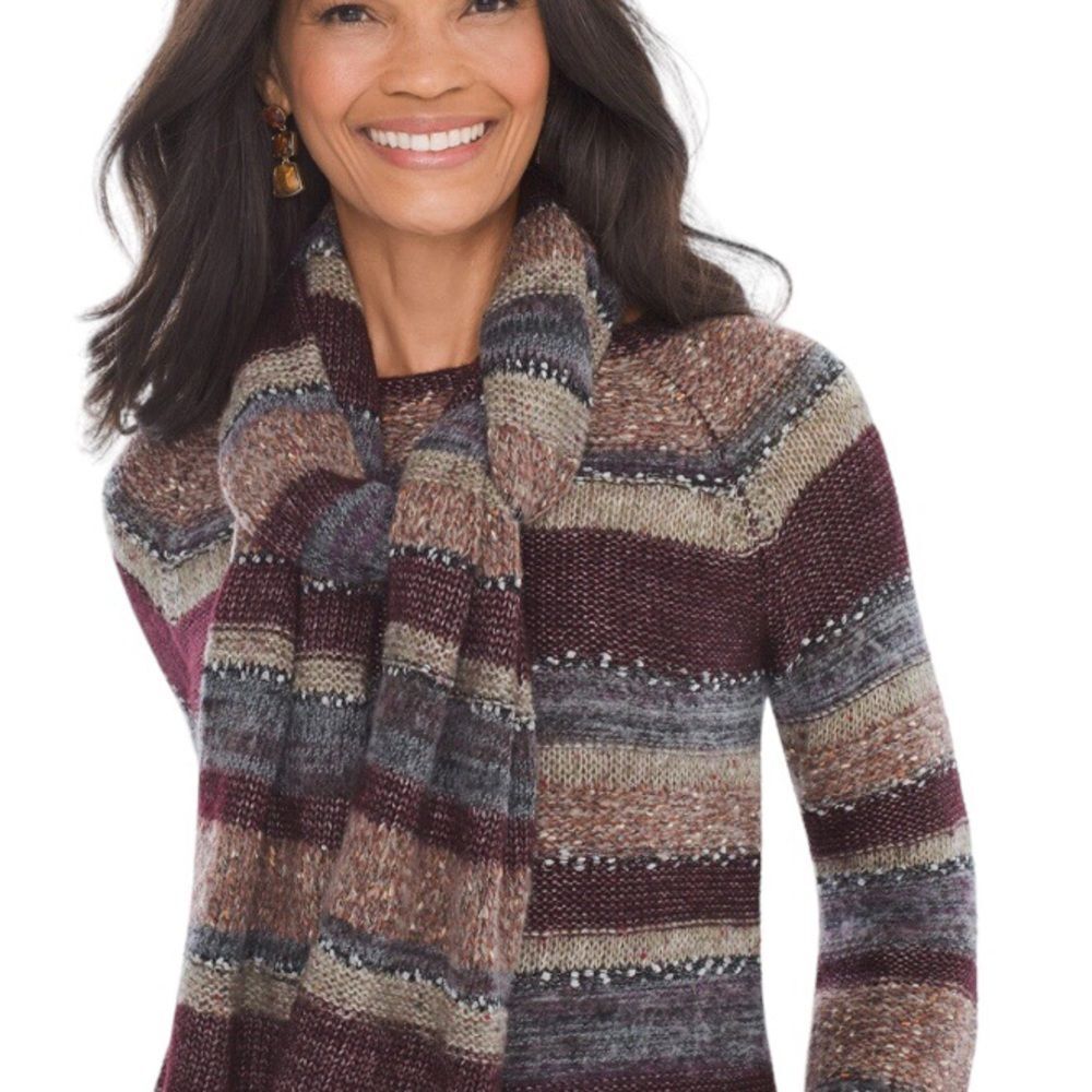 CHICOS Striped Sweater Scarf Set Pullover Sparkle Stripe Earth Tones Size 1 MED
